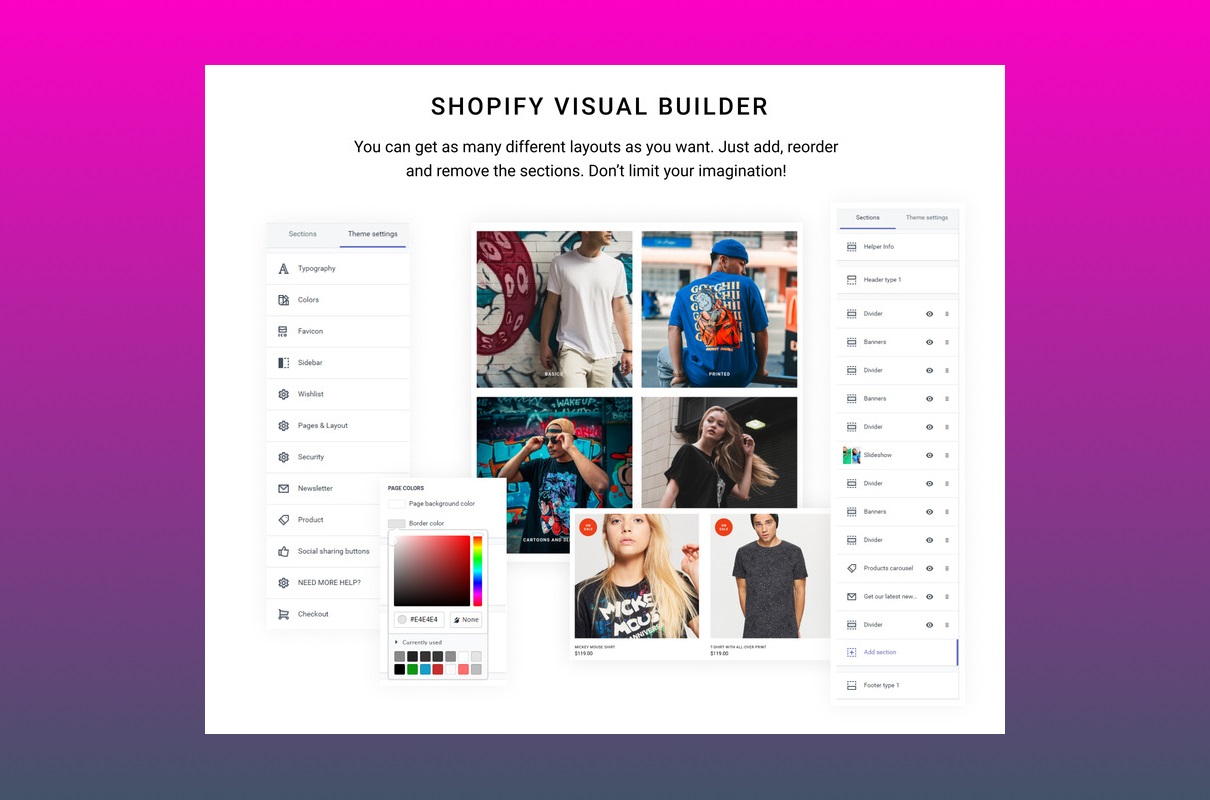 T shirt Shop Shopify visual builder.