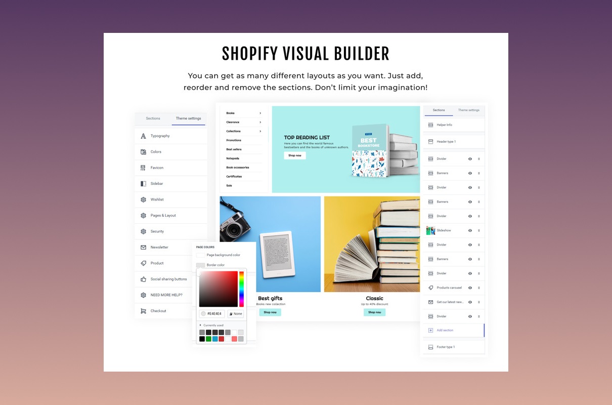 Books store shopify visual builder.