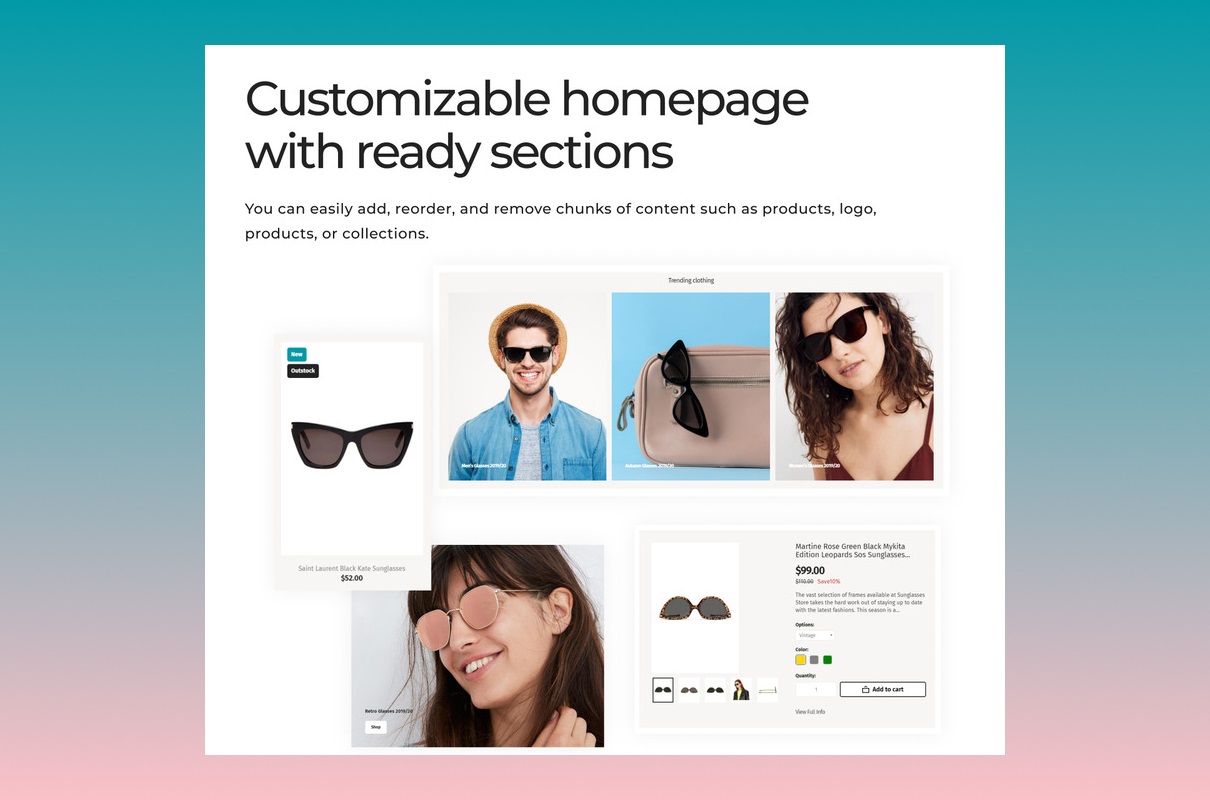 Sunglasses store customizable homepage.