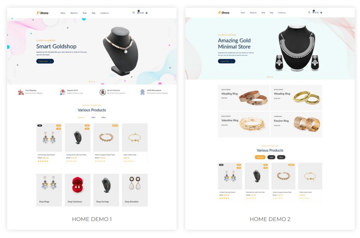 Ghona - Shopify Theme demo 1 and 2.